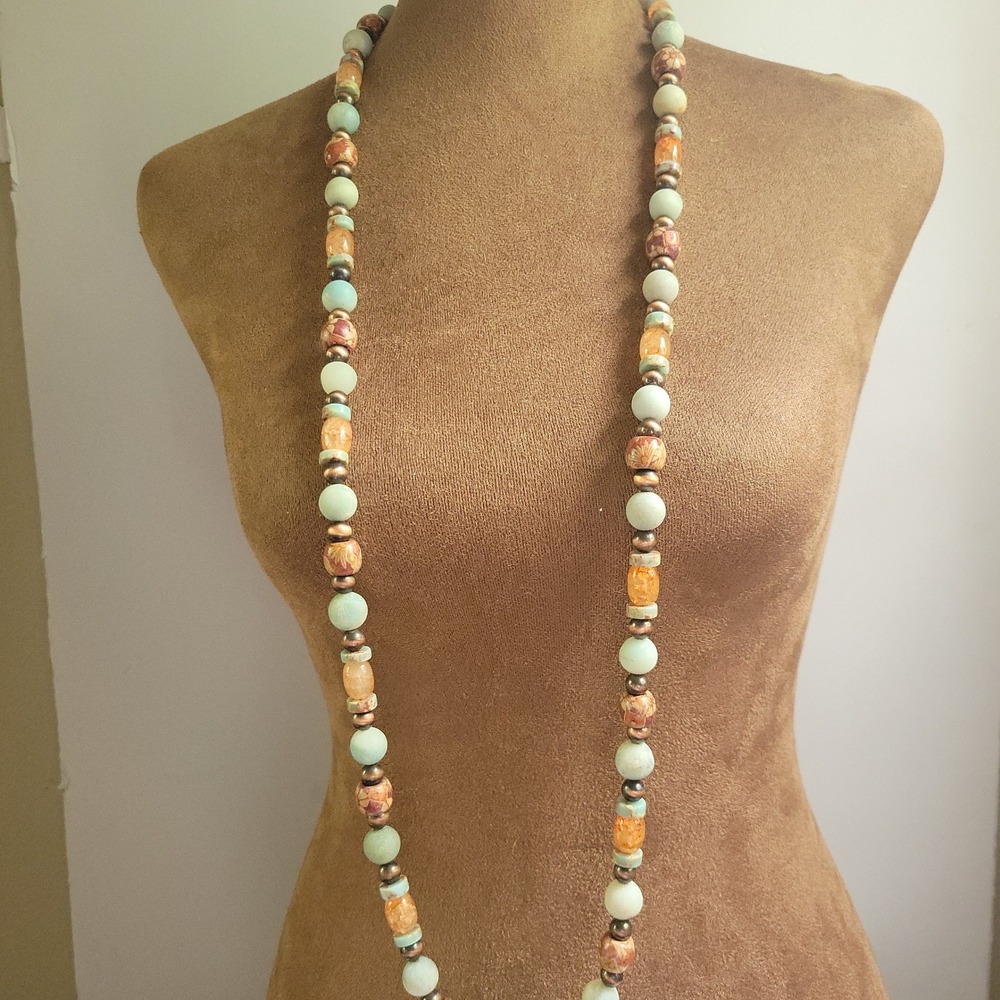 Long Mixed Stone Beaded Necklace Sage Green Orange 40 Inch Size Large Earthycore